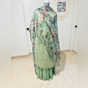 Mint Green Floral Embroidered salwar w/ patiala pants with Sheer Floral Dupatta